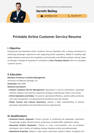 Free Printable Airline Customer Service Resume Template to Edit Online