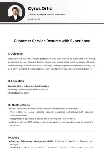 Free Customer Service Resume with Experience Template to Edit Online