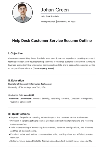 Free Help Desk Customer Service Resume Outline Template to Edit Online
