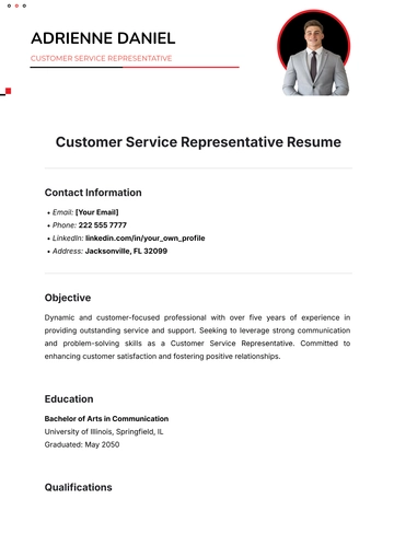 Free Customer Service Representative Resume Template to Edit Online