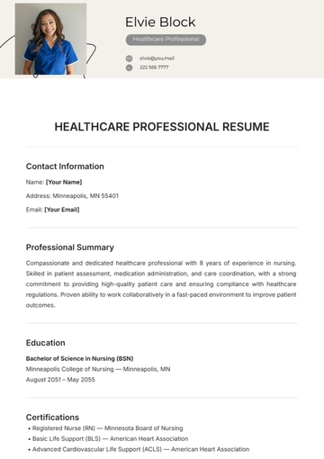 Free Healthcare Professional Resume Template to Edit Online
