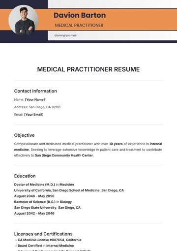 Free Medical Practitioner Resume Template to Edit Online