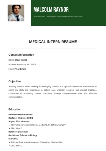 Free Medical Intern Resume Template to Edit Online