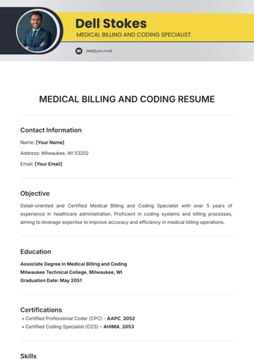 Free Medical Billing and Coding Resume Template to Edit Online