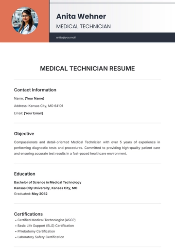Free Medical Technician Resume Template to Edit Online