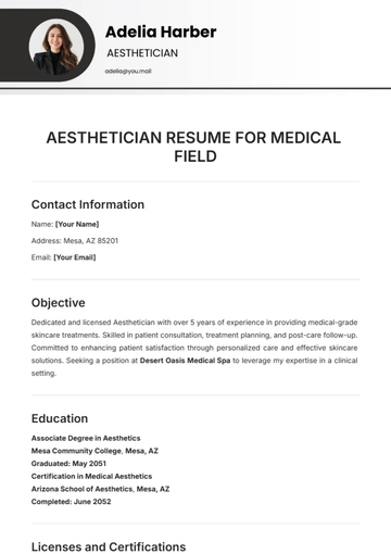 Free Aesthetician Resume for Medical Field Template to Edit Online