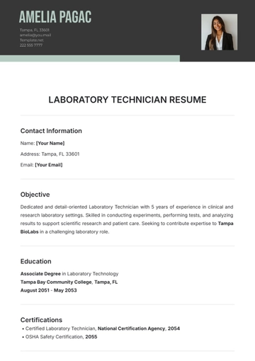 Free Laboratory Technician Resume Template to Edit Online
