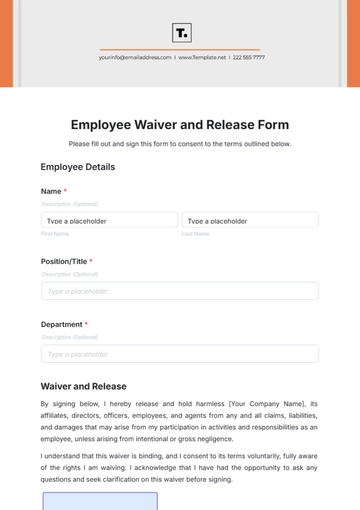 Free Employee Waiver and Release Form Template to Edit Online