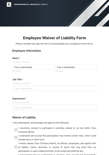 Free Employee Waiver of Liability Form Template to Edit Online