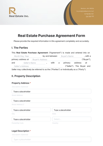 Free Real Estate Purchase Agreement Form Template to Edit Online