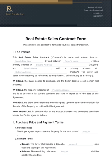 Free Real Estate Sales Contract Form Template to Edit Online