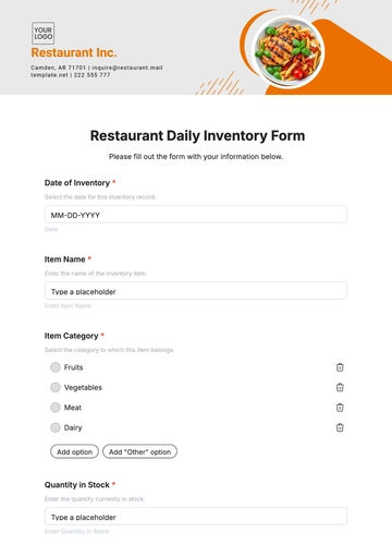 Free Restaurant Daily Inventory Form Template to Edit Online
