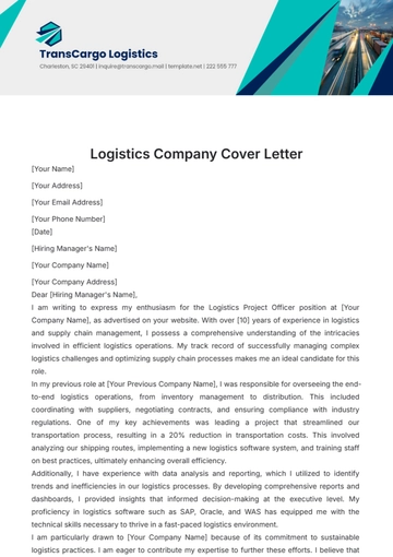 Free Logistics Company Cover Letter Template to Edit Online