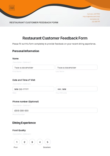 Free Restaurant Customer Feedback Form Template to Edit Online