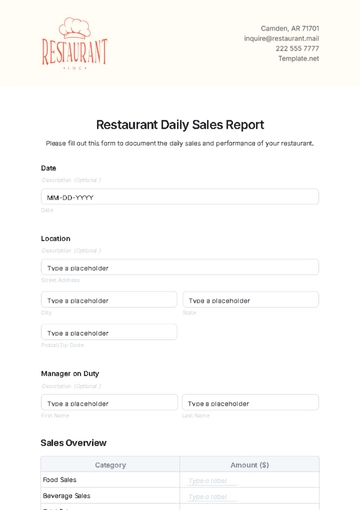 Free Restaurant Daily Sales Report Template to Edit Online
