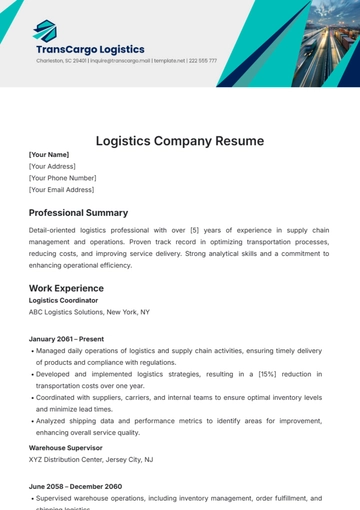 Free Logistics Company Resume Template to Edit Online