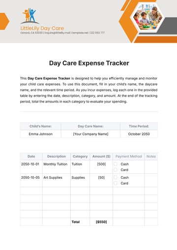 Free Day Care Expense Tracker Template to Edit Online