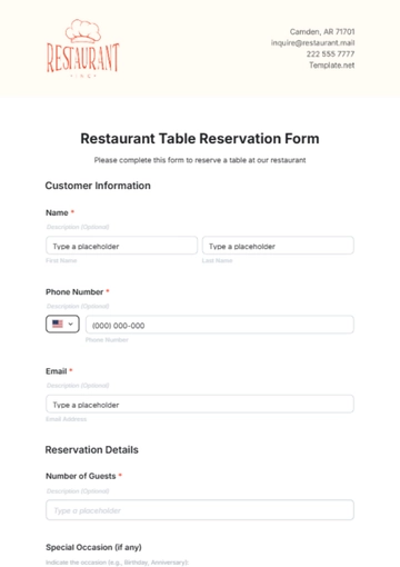 Free Restaurant Table Reservation Form Template to Edit Online