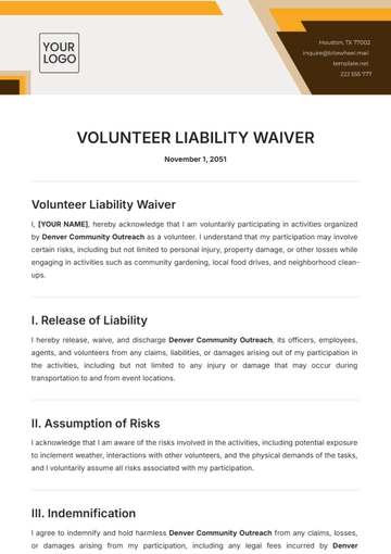 Free Volunteer Liability Waiver Template to Edit Online