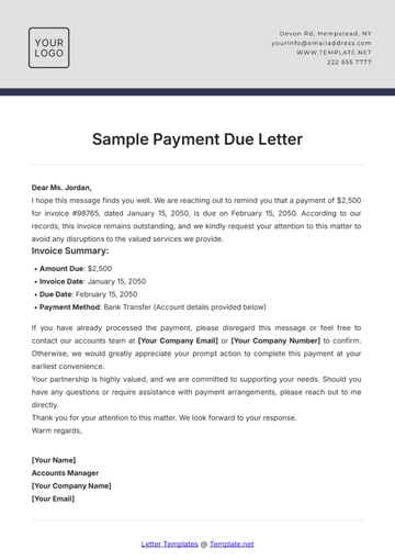Free Sample Payment Due Letter Template to Edit Online