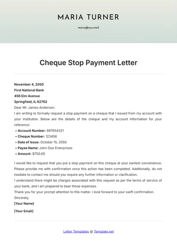 Free Cheque Stop Payment Letter Template to Edit Online
