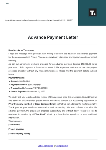 Free Advance Payment Letter Template to Edit Online