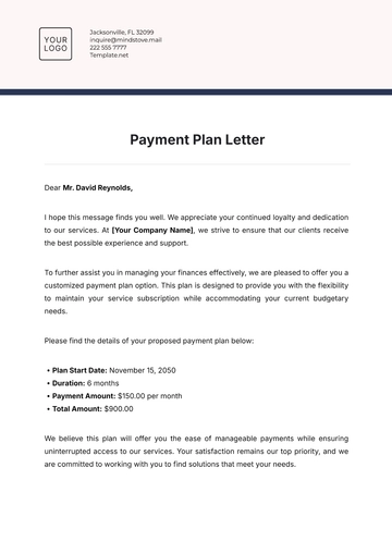 Free Payment Plan Letter Template to Edit Online