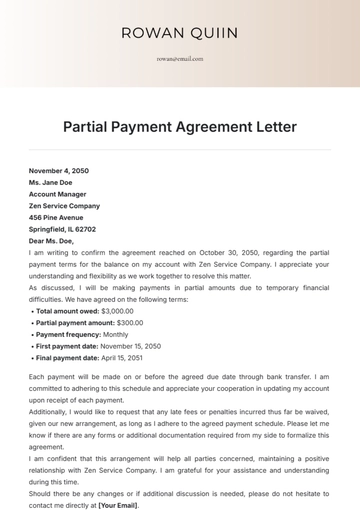 Free Partial Payment Agreement Letter Template to Edit Online