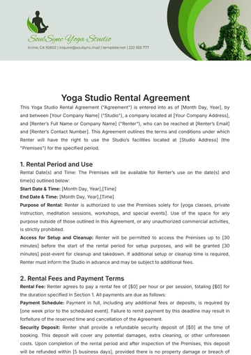 Free Yoga Studio Rental Agreement Template to Edit Online