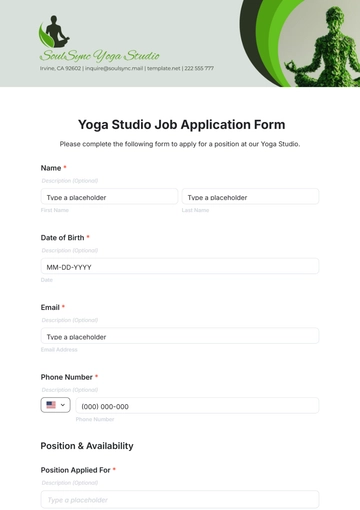 Free Yoga Studio Job Application Form Template to Edit Online