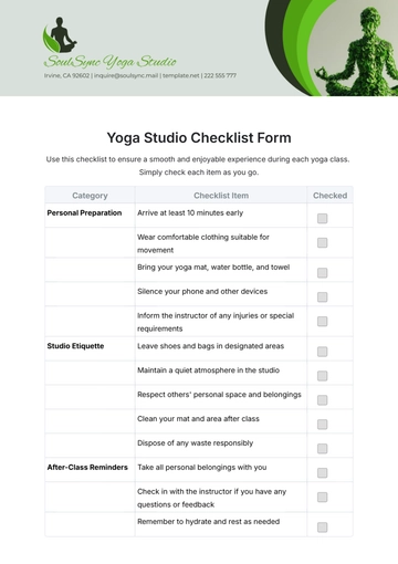 Free Yoga Studio Checklist Form Template to Edit Online