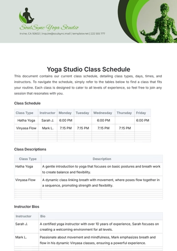 Free Yoga Studio Class Schedule Template to Edit Online