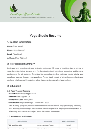 Free Yoga Studio Resume Template to Edit Online