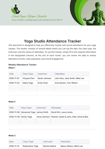 Free Yoga Studio Attendance Tracker Template to Edit Online