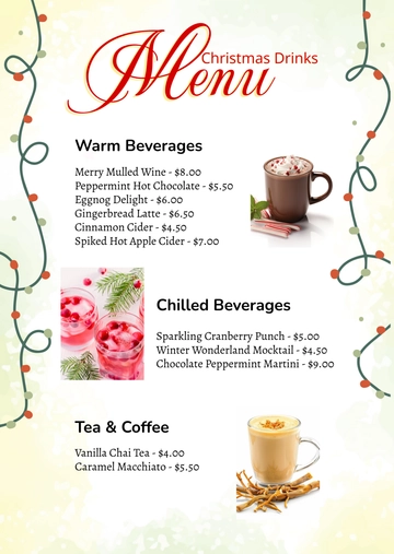 Free Creative Christmas Drinks Menu Template to Edit Online