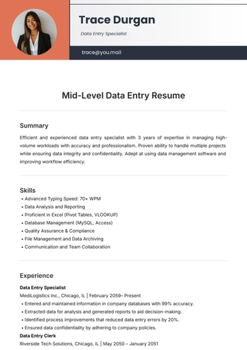 Free Mid-Level Data Entry Resume Template to Edit Online