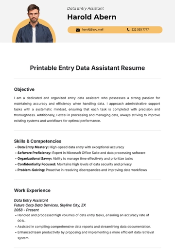 Free Printable Entry Data Assistant Resume Template to Edit Online