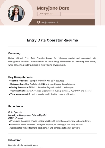 Free Entry Data Operator Resume Template to Edit Online