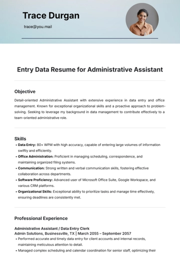 Free Entry Data Resume For Administrative Assistant Template to Edit Online