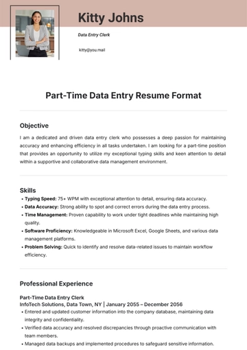 Free Part-Time Data Entry Resume Format Template to Edit Online