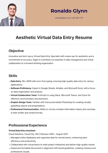 Free Aesthetic Virtual Data Entry Resume Template to Edit Online