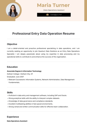 Free Professional Entry Data Operation Resume Template to Edit Online