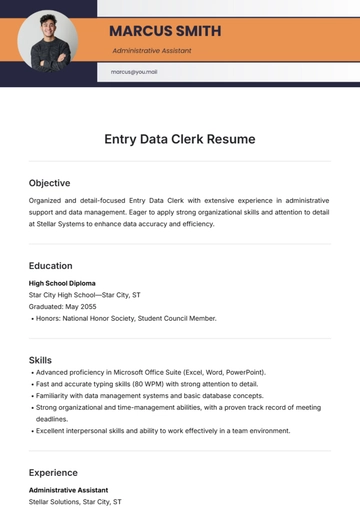 Free Entry Data Clerk Resume Template to Edit Online