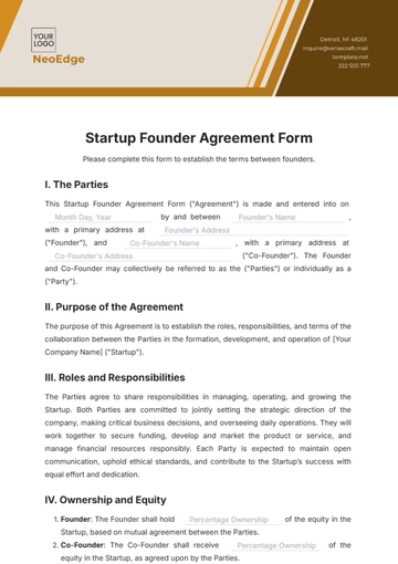 Free Startup Founder Agreement Form Template to Edit Online