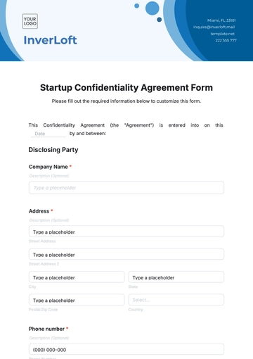 Free Startup Confidentiality Agreement Form Template to Edit Online