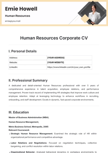 Free Human Resources Corporate CV Template to Edit Online