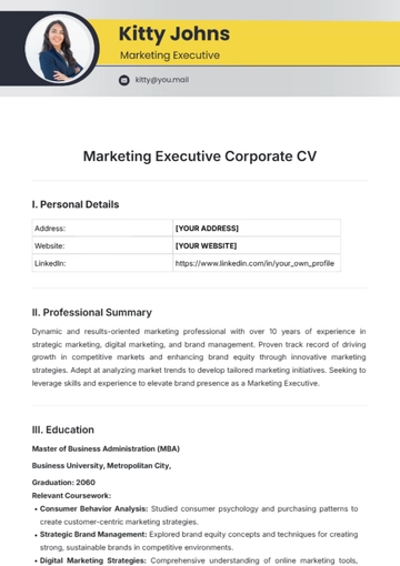 Free Marketing Executive Corporate CV Template to Edit Online