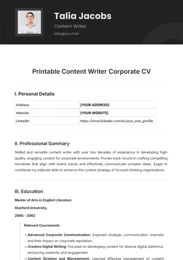 Free Printable Content Writer Corporate CV Template to Edit Online
