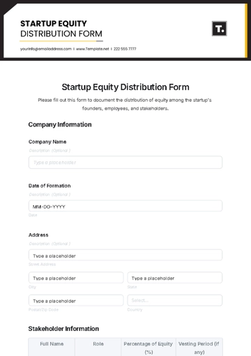 Free Startup Equity Distribution Form Template to Edit Online