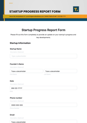 Free Startup Progress Report Form Template to Edit Online